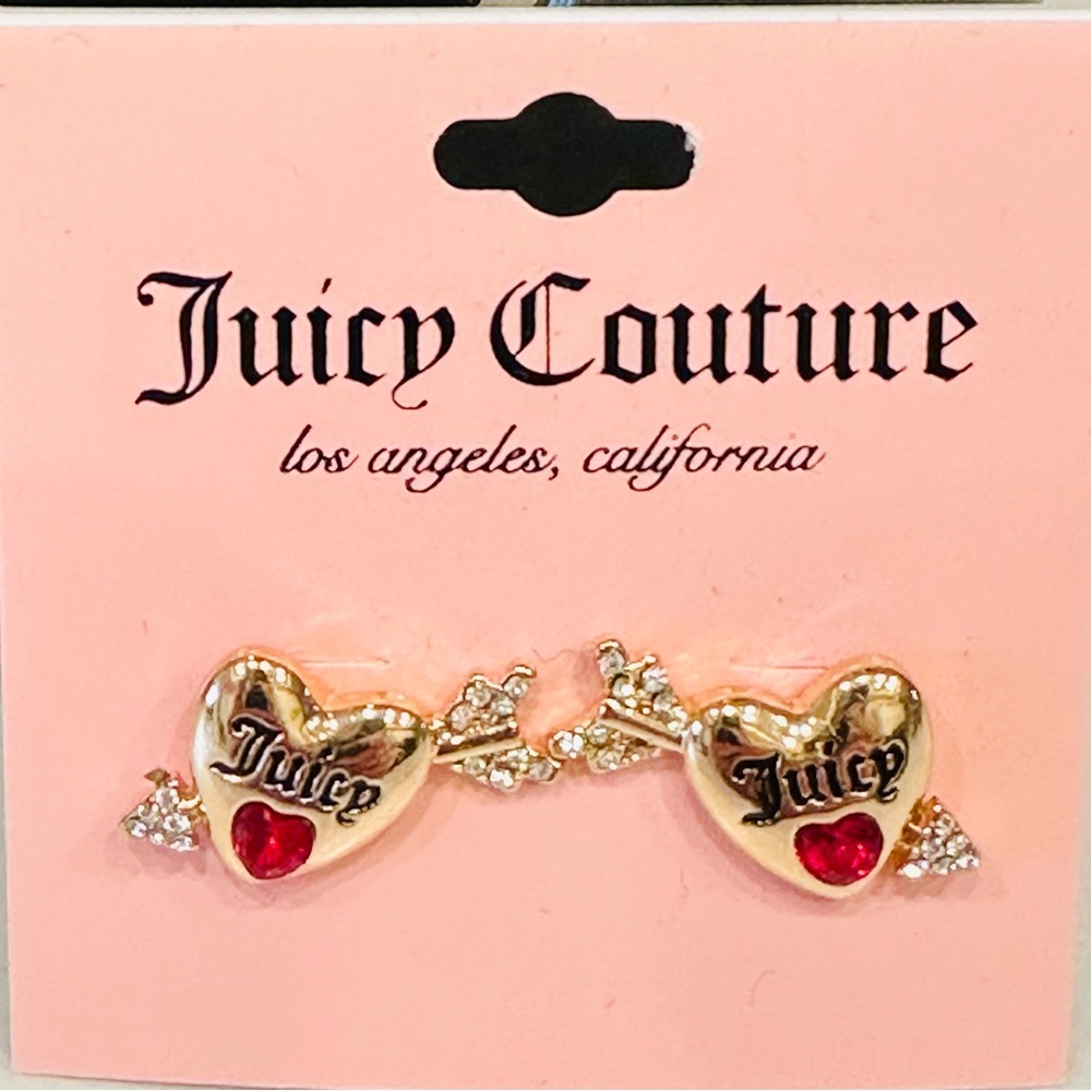 NWT Juicy Couture Jewelry Gold Heart Pave Arrow Stud Earrings Red W/ Rhinestones